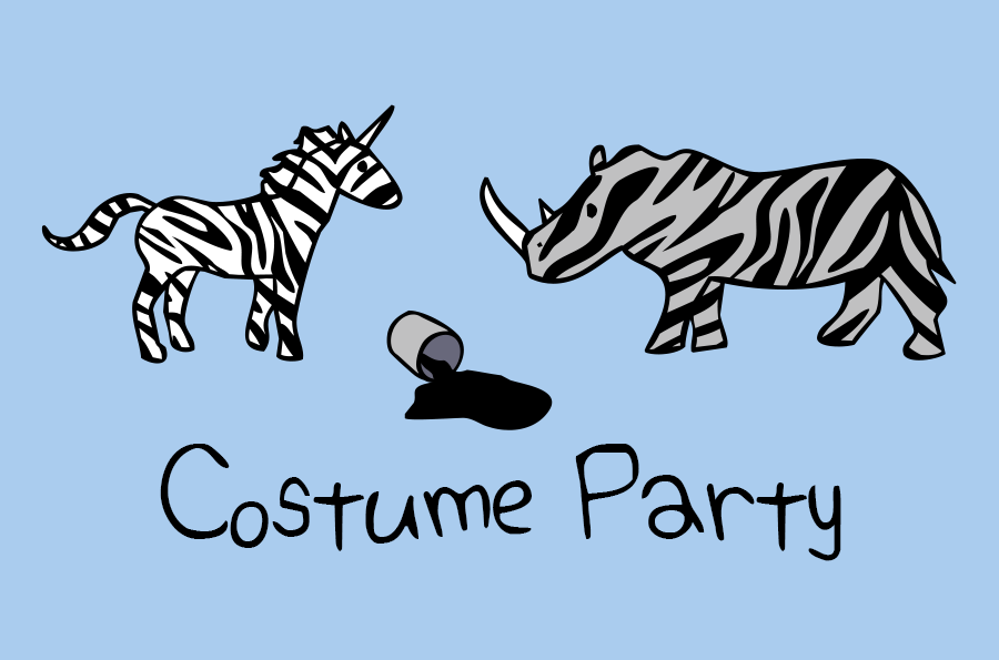 Design image: Unicorn and Rhino are covered in zebra stripes, with a spilled tin of black paint, above text that says "Costume party"